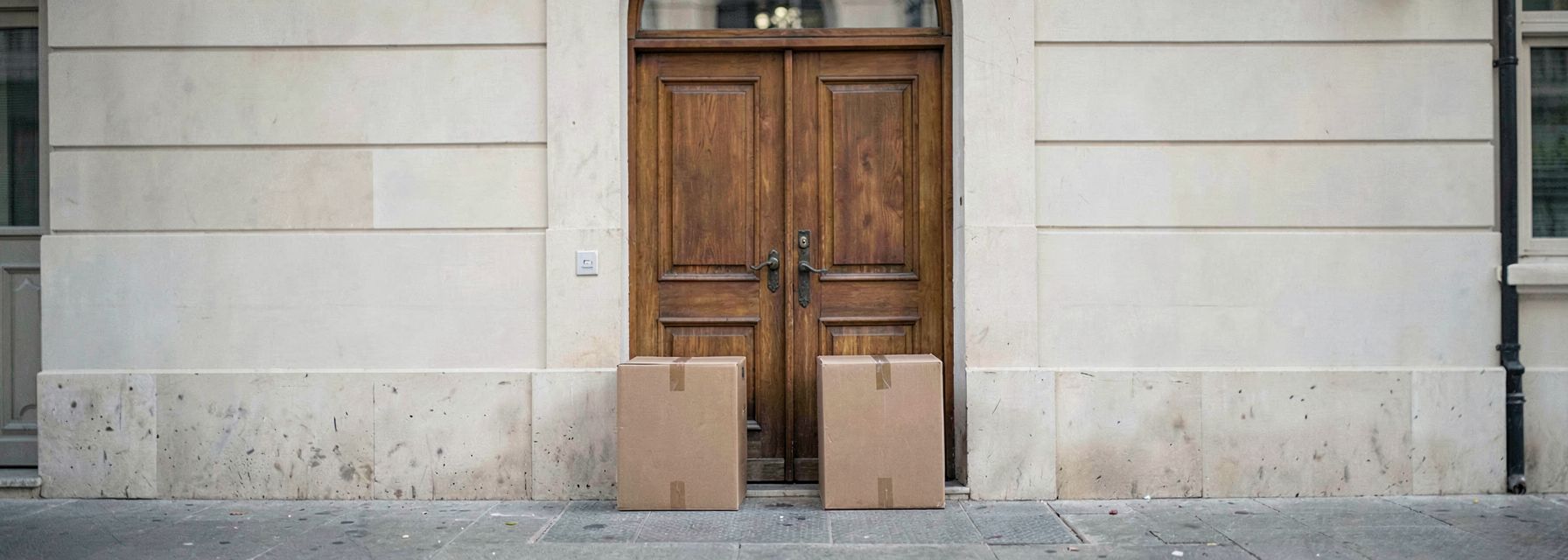 The closed wooden entrance door of an old Istanbul apartment building in soft morning light, with two cardboard moving boxes standing on the doorstep and no one in the scene