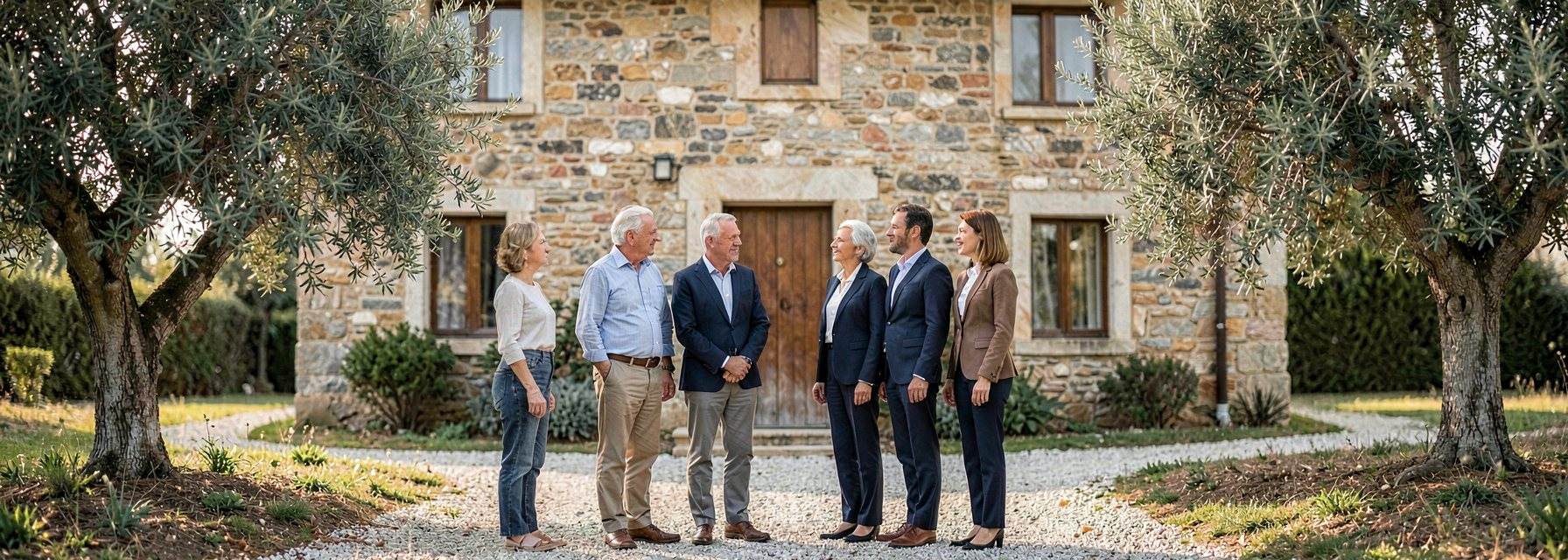 Six people, family members and two lawyers in suits, stand on a gravel path in front of an old two-storey stone house with a wooden door, framed by olive trees on both sides, in soft afternoon light