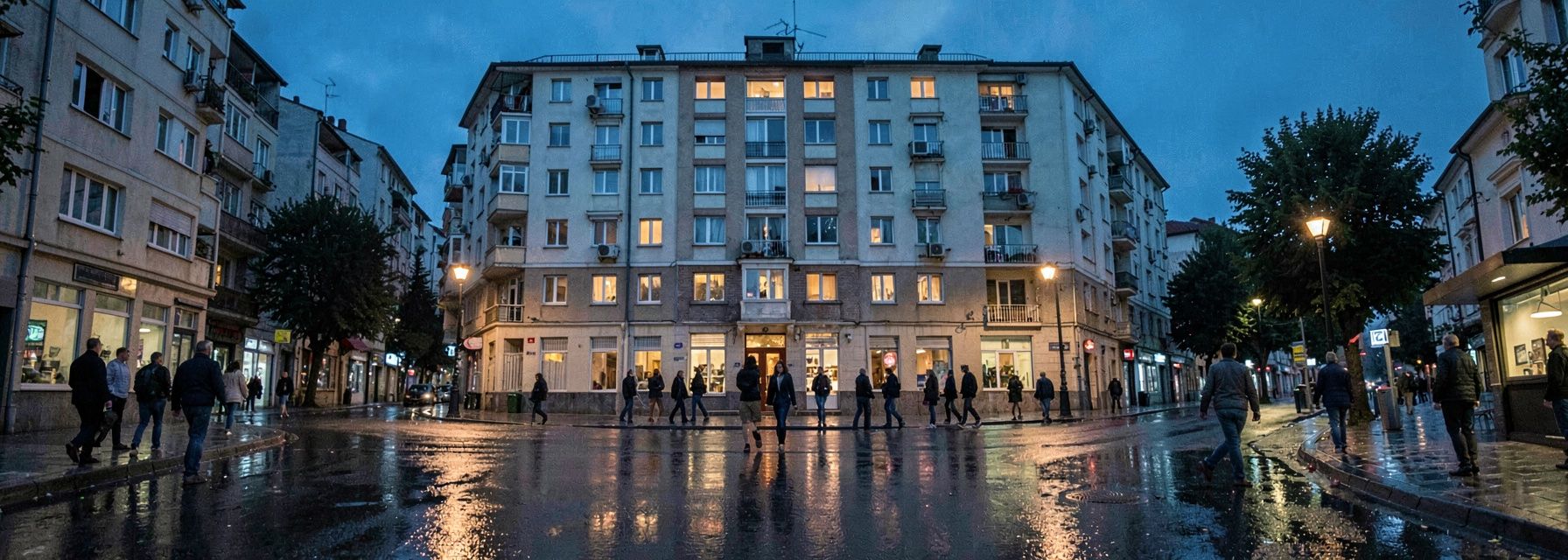 A residential apartment block at blue hour seen across a rain-wet street with warm lit windows