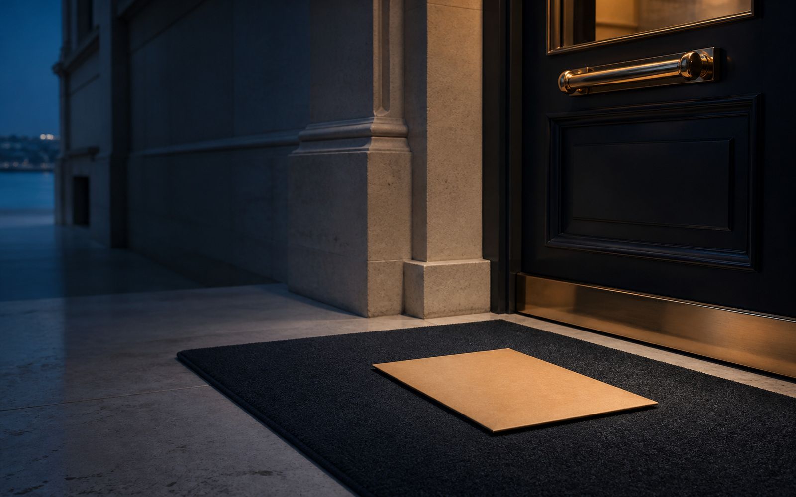 A courier envelope, unopened, on the doormat of an office entrance