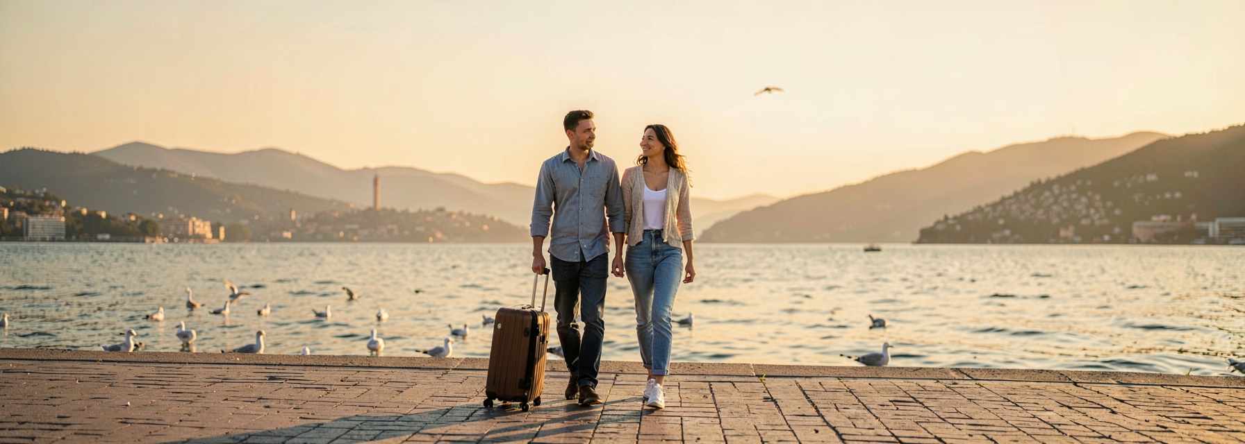 A couple with a suitcase walking along a sunlit Istanbul waterfront with the Bosphorus behind them