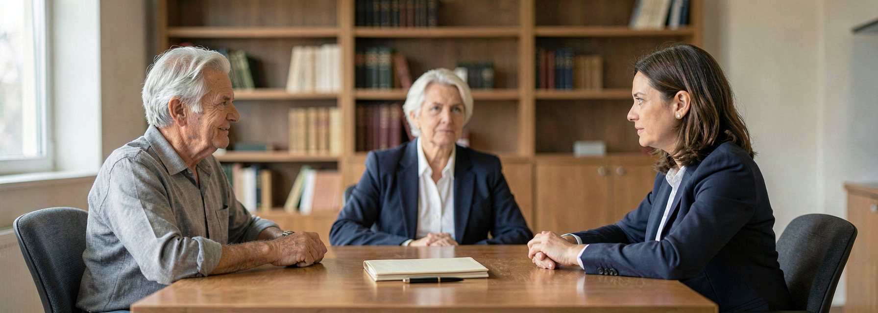 A calm private law office in warm light where a senior couple in their sixties, dressed in smart casual clothes, sit side by side at a wooden desk facing a female lawyer in a navy suit, with a closed cream folder and a capped fountain pen on the desk and bookshelves blurred behind