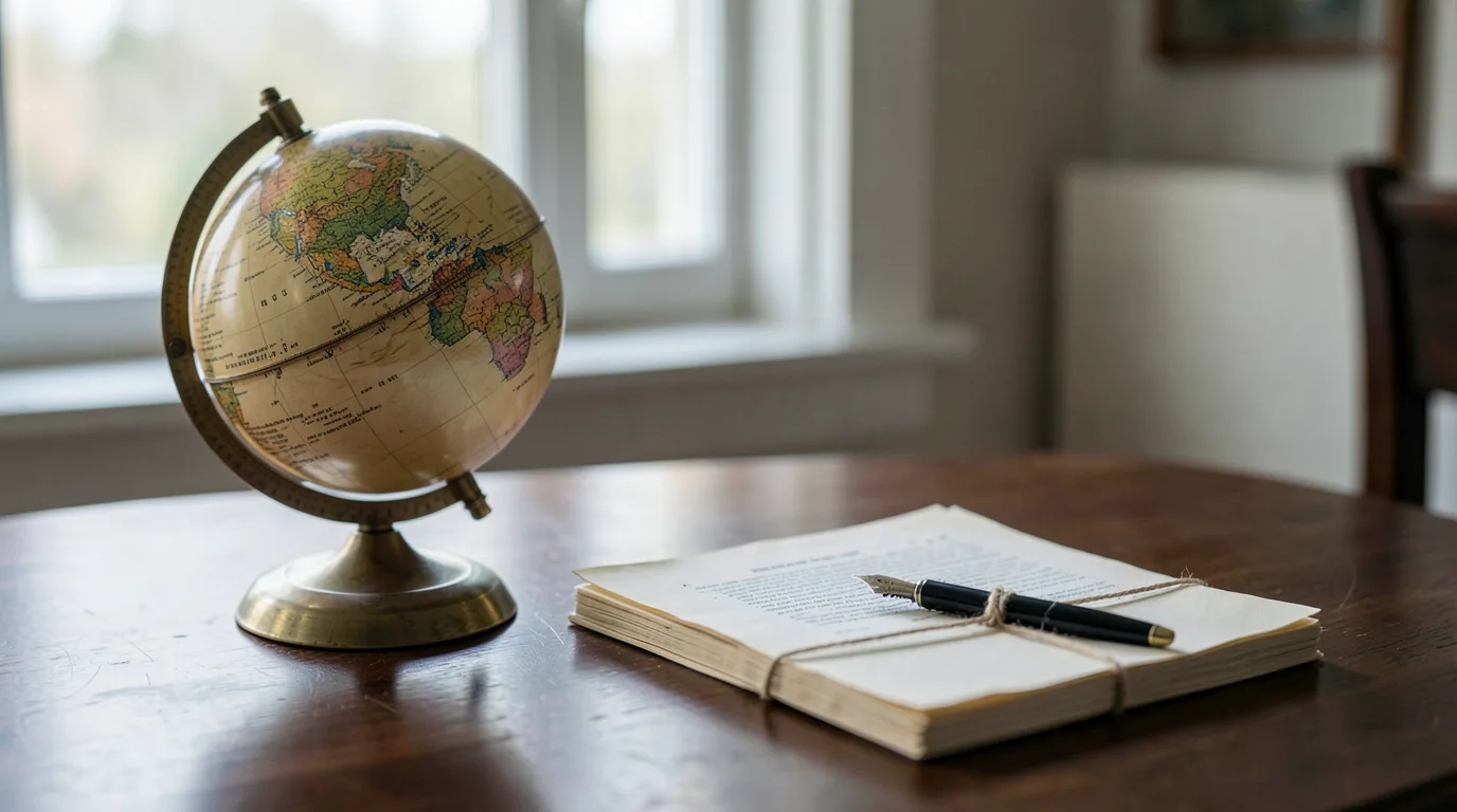 An antique globe beside a stack of plain documents tied with string on a wooden desk