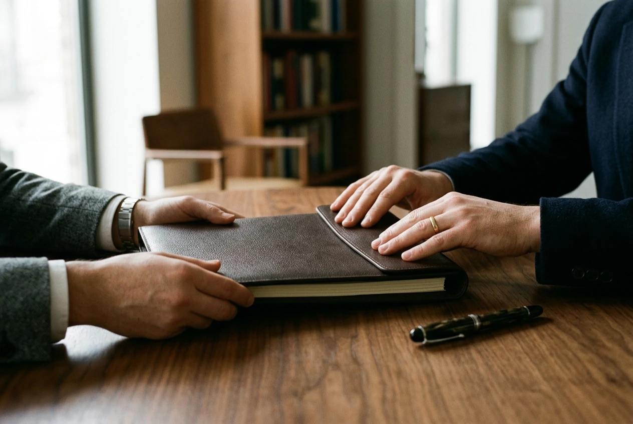 Two lawyers conferring over a leather folder at a meeting table