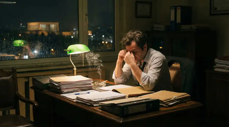 A lawyer under a desk lamp late at night, working through a stack of case files