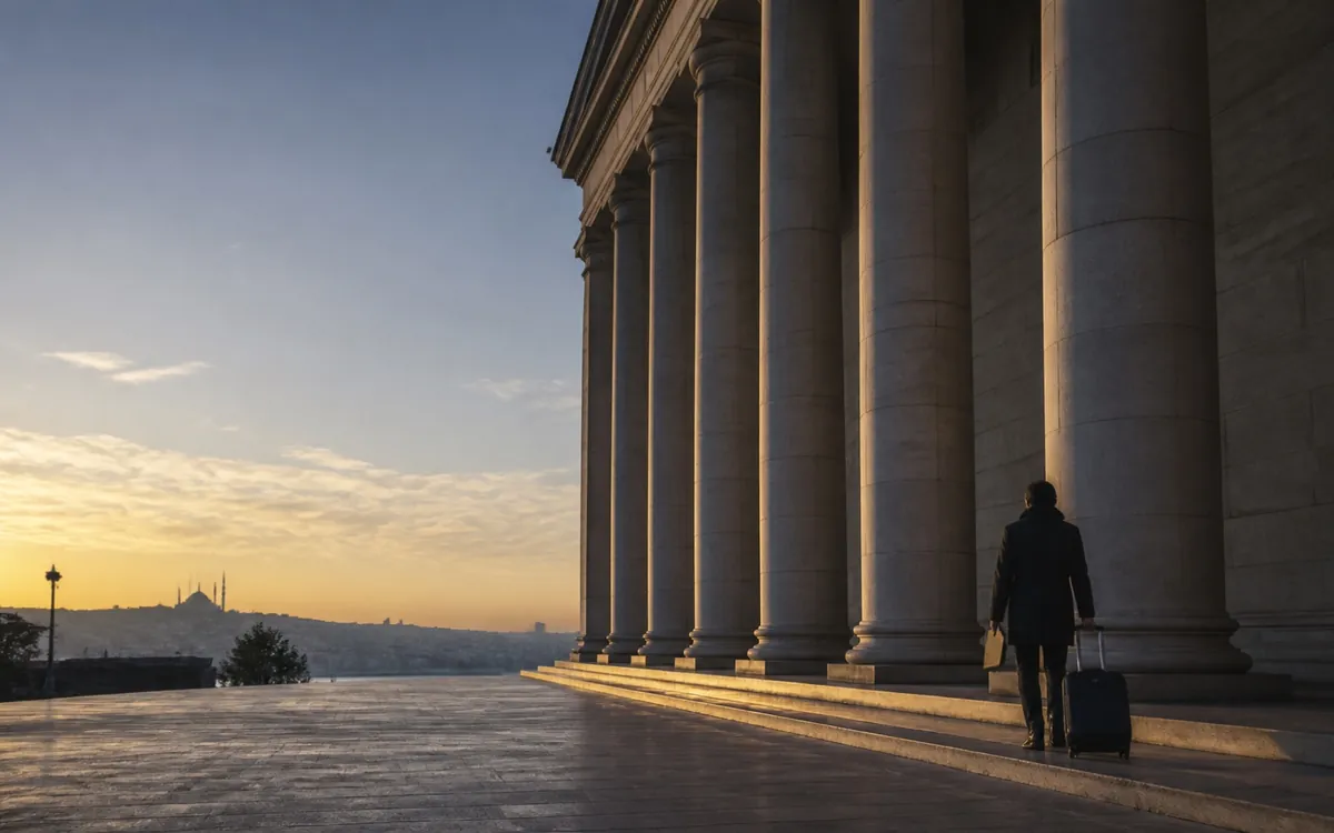 A traveller with a suitcase walking past a stone colonnade at dusk