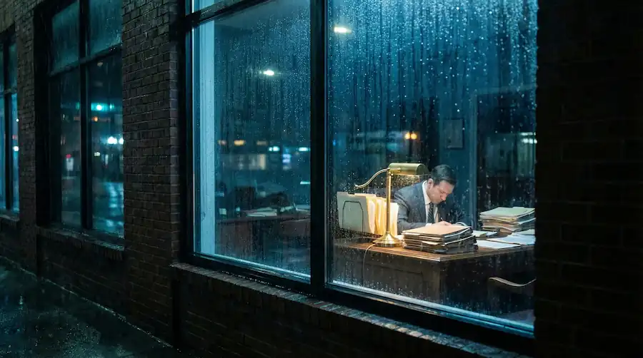 Lawyer working through case files at a desk late at night, seen through a rain-streaked window
