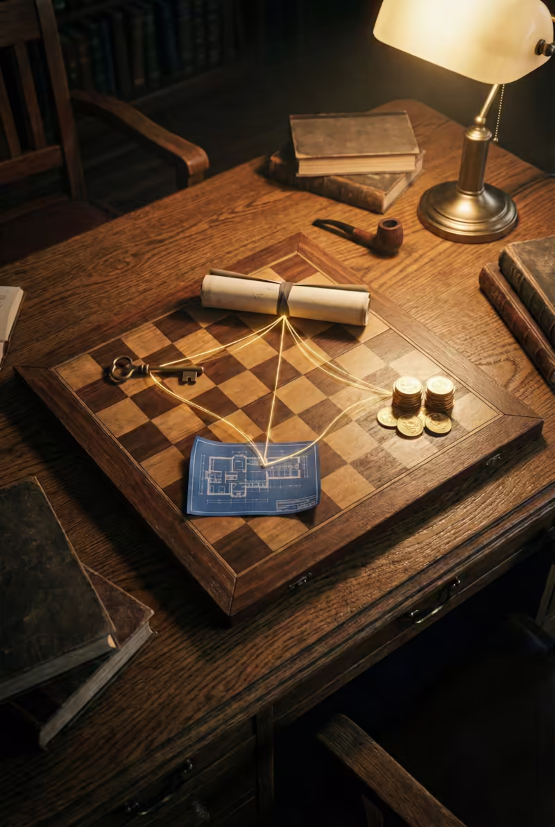 Rolled document, a key, a house plan and coins on a wooden chessboard