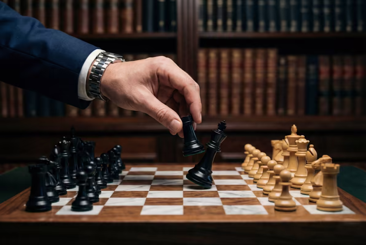 A hand moving a chess piece: planning the next step in a dispute