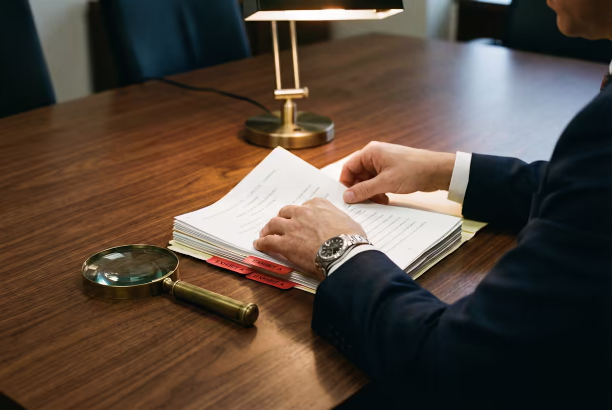 Lawyer reading through a case file with a magnifying glass on the desk