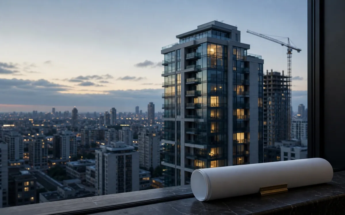 Residential tower under construction seen from an office window, a rolled site plan on the sill
